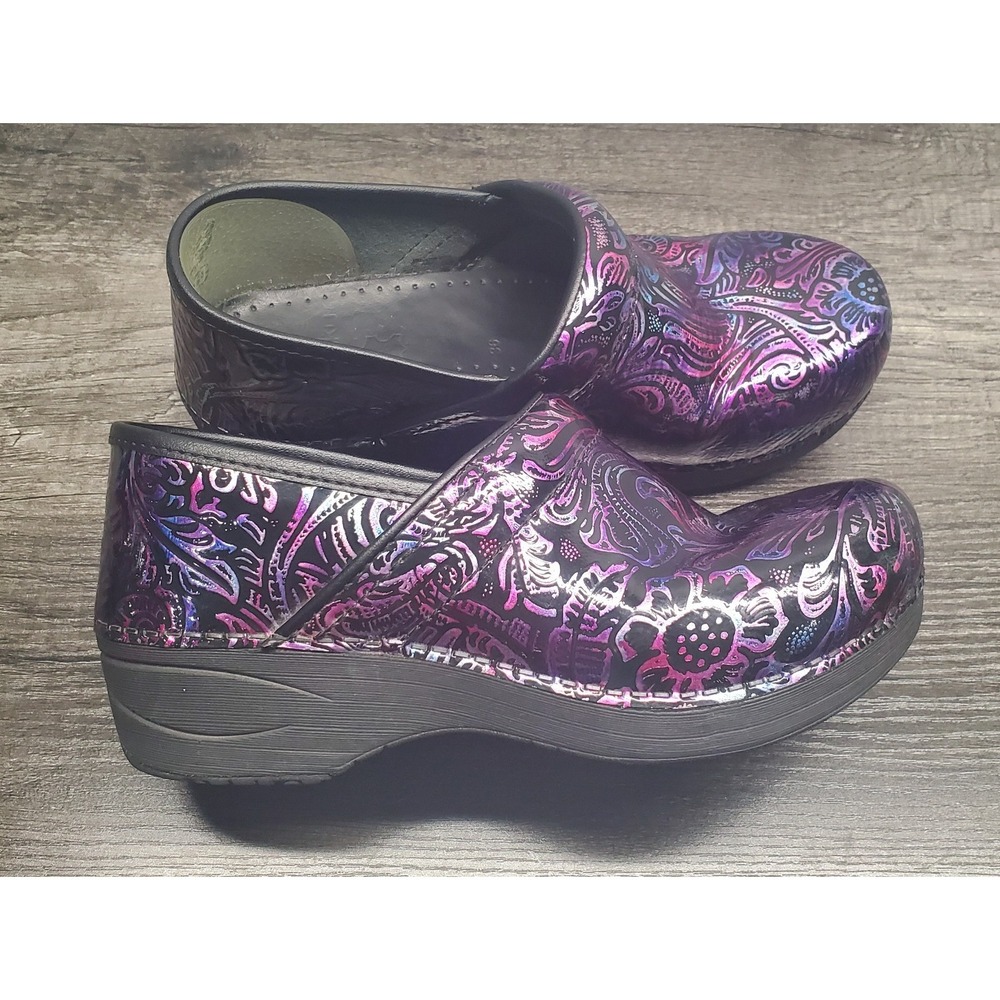 Dansko Clogs 36 (5.5-6‎ US) Iridescent Floral Paisley Patent Leather Purple Pink